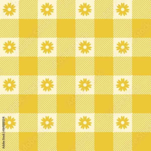 Fototapeta Summer gingham seamless pattern. Checkered yellow background with flowers. Textile texture for napkin, blanket and throw.