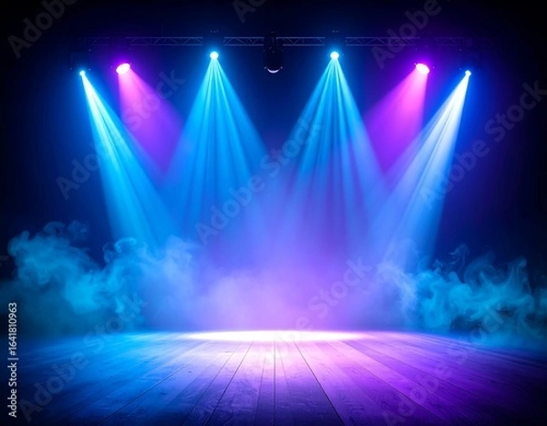 Fototapeta Smoky stage with three spotlights casting blue and purple light on a wooden floor