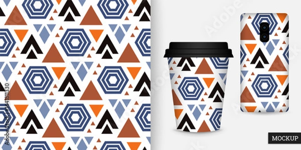 Fototapeta Geometric seamless pattern. Abstract background with colorful geometric shapes. Repeating texture. Vector illustration. Design for paper, wallpaper, fabric. Mockup.