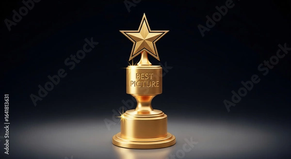 Fototapeta Golden trophy with a star on top labeled 'Best Picture' shining against a dark background