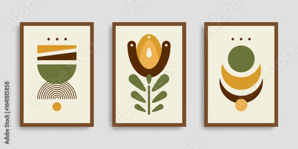 Fototapeta Set of three minimalist geometric vector posters in earthy tones. Abstract shapes and floral elements for modern wall art, Scandinavian interior decor, print or digital design use.