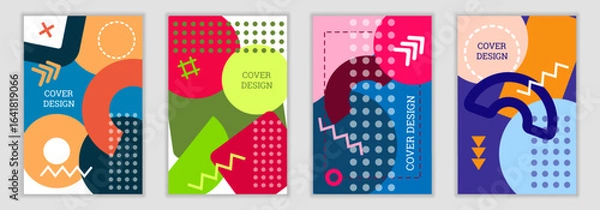 Fototapeta Bright background in Memphis style. Set of geometric cover designs. Fashionable bright cover, banner, poster, booklet. Bright colors. Vector