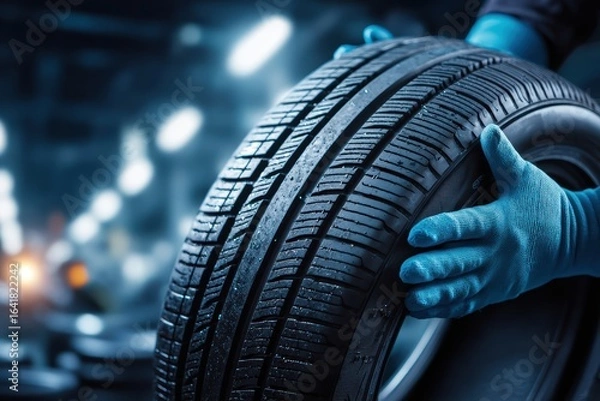 Fototapeta A person wearing blue gloves is handling a new car tire in a well-lit automotive workshop or garage