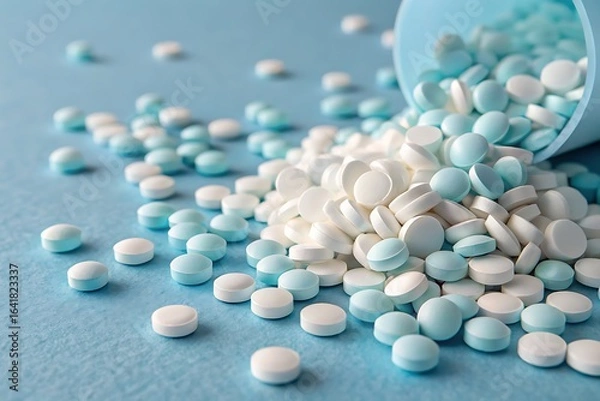 Fototapeta Blue and White Pills Spilling from White Container on Blue Surface