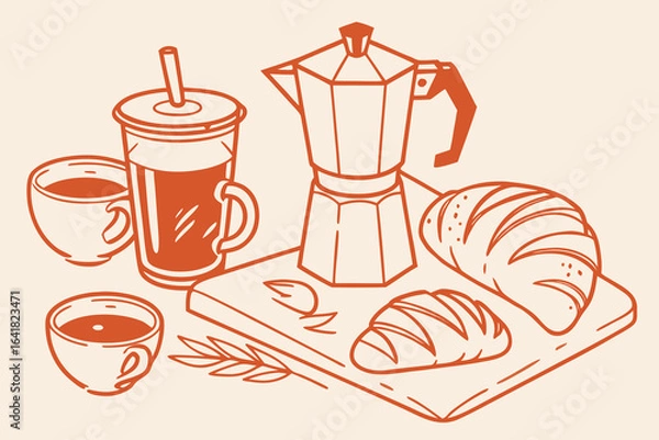 Fototapeta Breakfast or brunch with coffee and croissant doodle vector illustrations. Coffee cup mug icon in chalk, charcoal drawing style. Minimalist line art illustration for menus design, cafe decor or print.