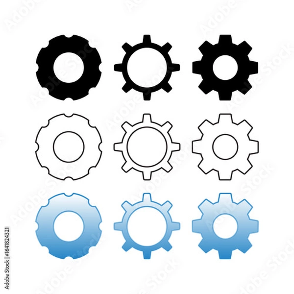 Fototapeta Set of Gear Icons in Multiple Styles for Settings and Engineering