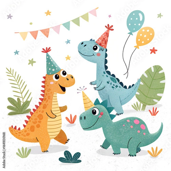 Fototapeta Little dinosaurs with party hats, playful colors, children’s product design.
