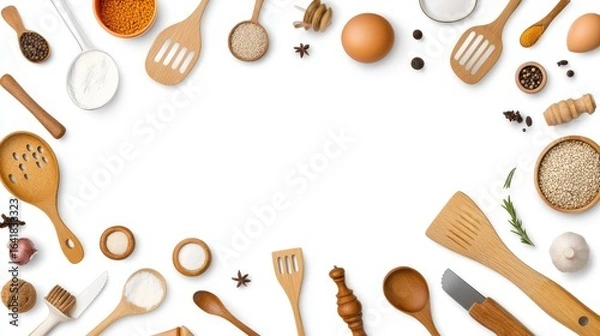 Fototapeta A vibrant assortment of cooking utensils and ingredients on a white background, perfect for culinary presentations.