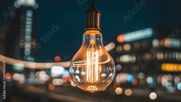 Fototapeta Warm vintage Edison bulb glows brightly illuminating a vibrant city night with bokeh lights