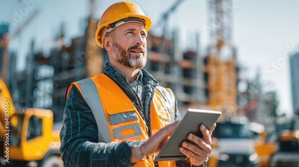 Fototapeta civil engineer or architect with hardhat on construction site checking schedule on tablet computer	