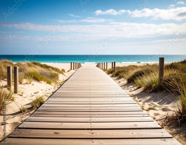 Fototapeta Wooden boardwalk leads to a tranquil beach under a sunny sky