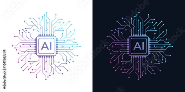 Fototapeta Artificial Intelligence AI Chip in head brain. Artificial Intelligence icon with Machine learning, digital skills, generative AI, AI technology, algorithm, virtual intelligence and future	
