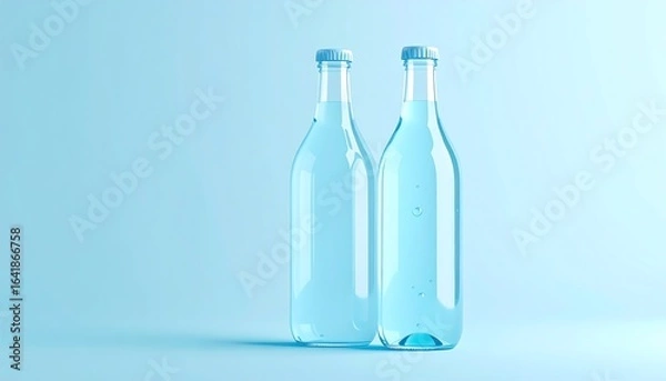 Fototapeta Two clear water bottles against light blue background