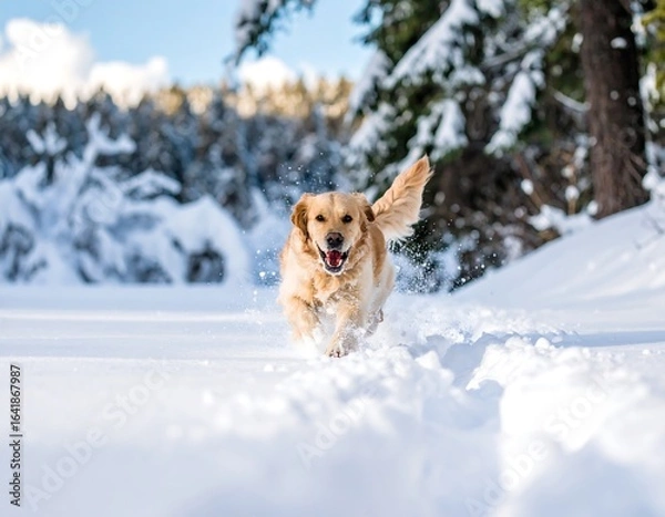 Fototapeta Golden retriever running in snow