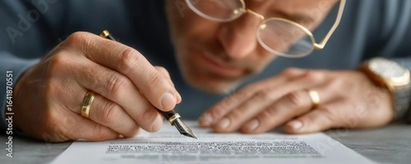 Fototapeta Expert Reviewing Policy Tariff Clause with Pen and Glasses in Detailed Business Environment