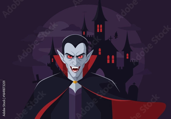 Fototapeta Cartoon Vampire with Red Eyes and Castle Backdrop