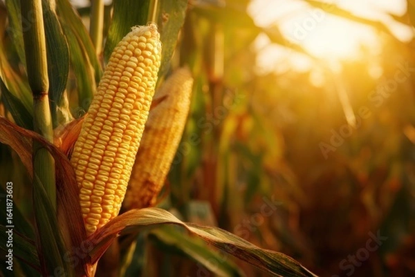 Fototapeta Golden corn ears growing in a lush field during sunset in late summer