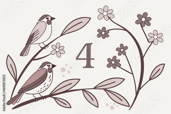 Fototapeta Two cute birds sitting on branches with flowers and the number four in a simple illustration style