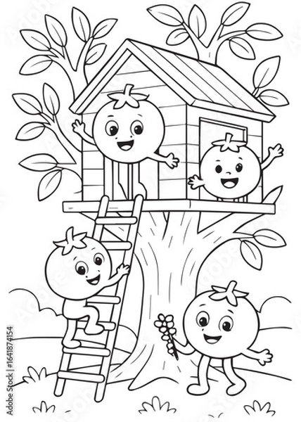 Fototapeta Coloring book page of tomatoes playing together in a tree house.