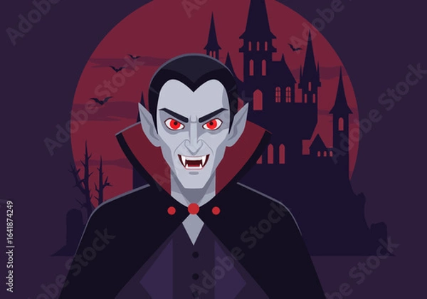 Fototapeta Cartoon Vampire with Red Eyes and Castle Backdrop