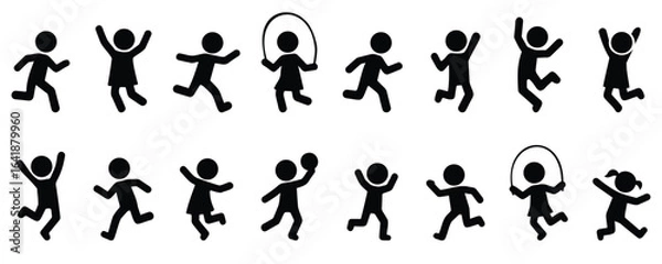 Obraz Stickman kids playing and having fun in various playful activities, joyful childhood silhouette icons in black