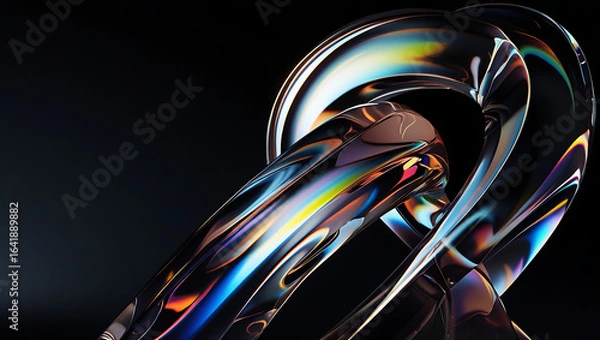 Fototapeta Prismatic fluid sculpture. Abstract 3D render of intertwined glass ribbons with iridescent spectrum reflections. Dark background enhances neon gradient light and liquid wave texture. Digital art.