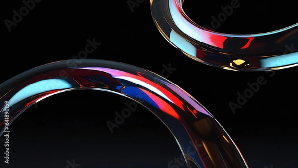 Fototapeta Black dark abstract background. Iridescent fluid glass wave. Prism shape 3D render. Smooth curved transition. Rainbow light reflection. Bright glow shimmer. Neon metallic futuristic blur texture