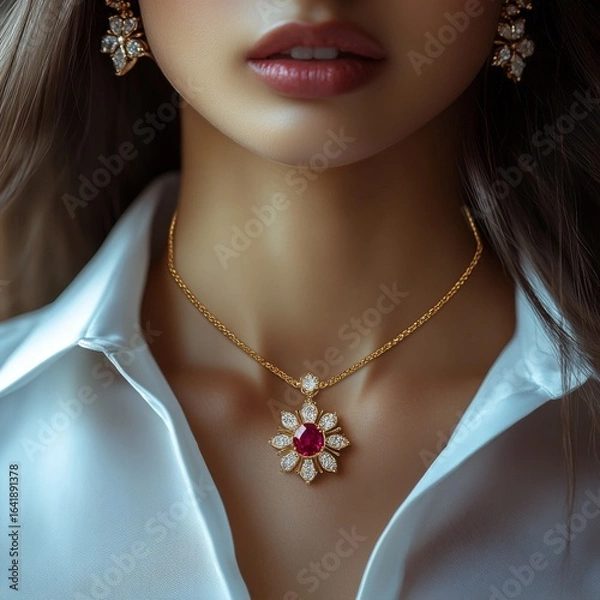 Obraz Elegant woman showcasing exquisite necklace adorned with vibrant red gem surrounded by sparkling stones, perfect accessory for formal evening events and special celebrations