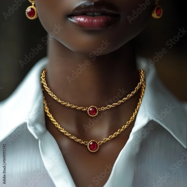 Obraz Elegant necklace adorned with ruby gemstones enhances beauty of woman, showcasing refined jewelry style during an intimate gathering, emphasizing sophistication and grace