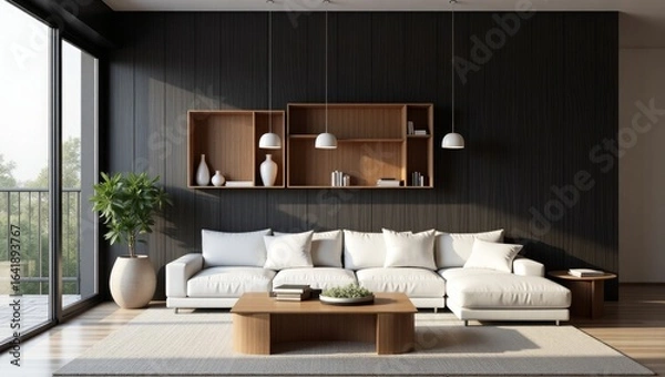Fototapeta Minimalist Modern Living Room with White Sofa and Wooden Wall Accents – Contemporary Home Design