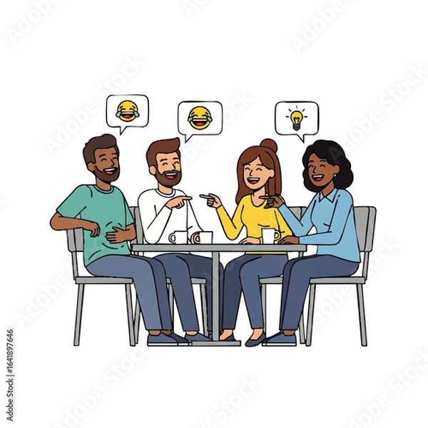 Fototapeta Four friends sit at a table, laughing and sharing ideas, with burger emojis and a lightbulb emoji floating above their heads.