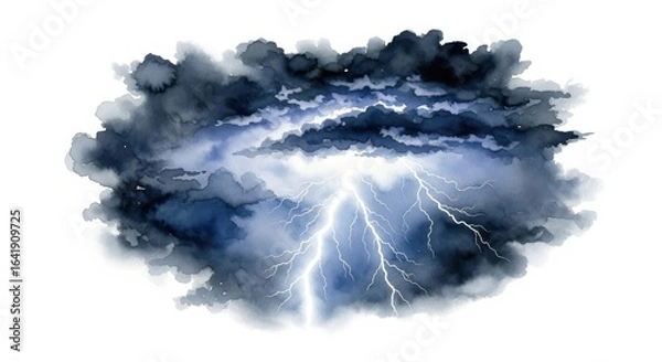 Fototapeta Dramatic Storm Clouds and Lightning Watercolor - A powerful watercolor painting depicting a lightning strike through dark stormy clouds.