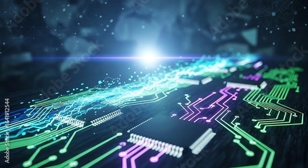 Fototapeta Illuminated circuit board with glowing lines and bright light in a futuristic design style