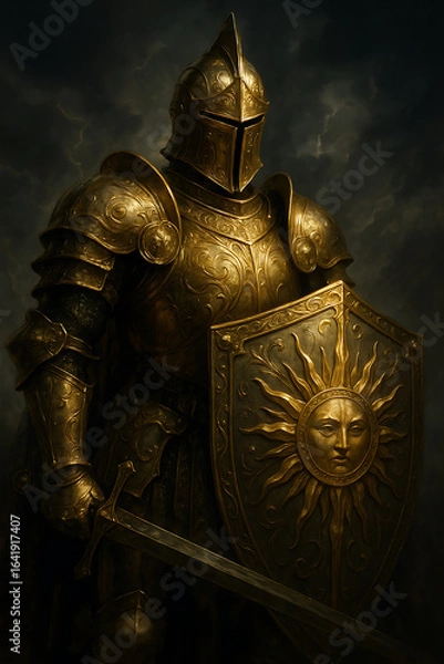 Fototapeta Medieval knight in ornate gold armor holding a shield with a sun emblem and a sword standing against a dark stormy background