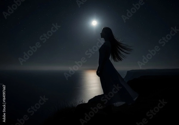 Fototapeta Serene Silhouette by Moonlight - A woman's silhouette stands on a cliff overlooking the ocean under a bright moon, symbolizing peace, solitude, dreams, mystery, and hope
