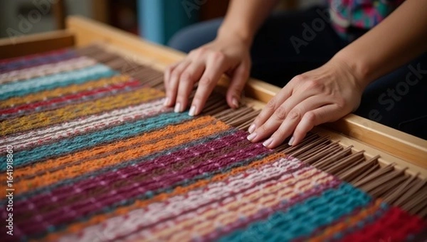 Fototapeta Artisan Hand Weaving Vibrant Multicolored Fabric – Traditional Textile Craftwork Close-Up