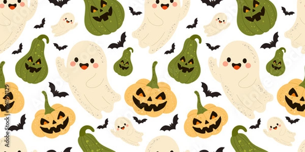 Fototapeta Seamless Halloween pattern with cute ghosts carved pumpkins, spooky green gourds, and flying bats — festive autumn vector background perfect for Halloween wrapping paper, seasonal textile prints.