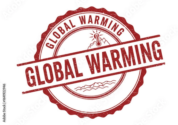 Fototapeta A global warming stamp with thermometer and mountain range in red ink on a white background image