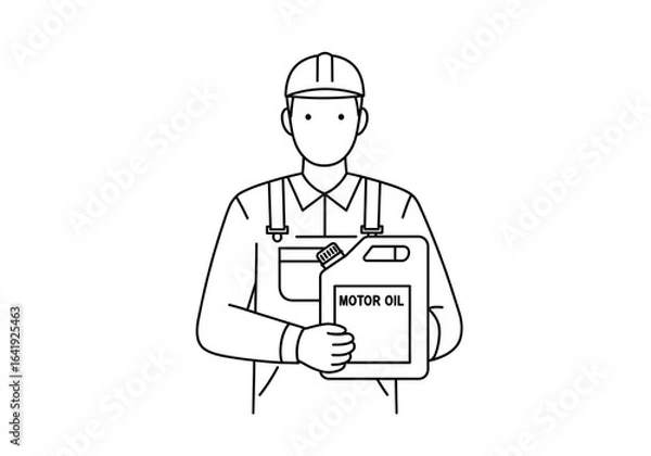 Fototapeta Line drawing of a mechanic holding a motor oil container wearing overalls and a cap in a white background