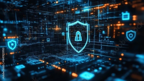 Fototapeta Digital cybersecurity shield with padlock icon on a complex network background with glowing elements