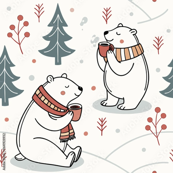 Fototapeta Adorable polar bears with scarves, drinking hot cocoa, seamless vector pattern.

