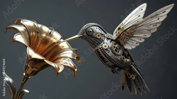 Obraz Mechanical hummingbird on flower