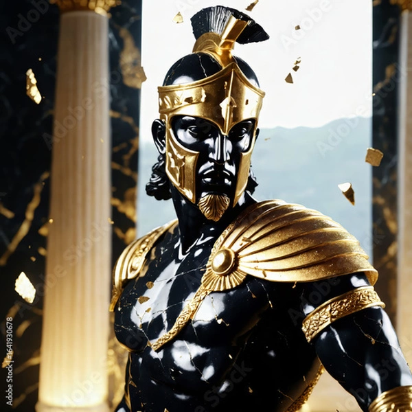 Fototapeta Epic Black and Gold Armored Greek God Warrior Statue with Ornate Helmet and Decorative Battle Armor for Luxury Art Displays, Mythological Branding, and High-End Fantasy Collectibles, Stoic