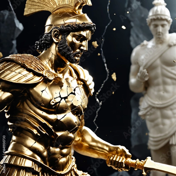 Fototapeta Epic Black and Gold Armored Greek God Warrior Statue with Ornate Helmet and Decorative Battle Armor for Luxury Art Displays, Mythological Branding, and High-End Fantasy Collectibles, Stoic