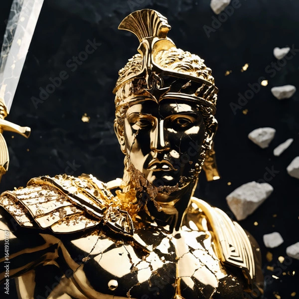 Fototapeta Epic Black and Gold Armored Greek God Warrior Statue with Ornate Helmet and Decorative Battle Armor for Luxury Art Displays, Mythological Branding, and High-End Fantasy Collectibles, Stoic
