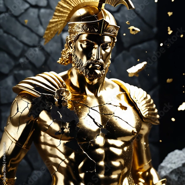 Fototapeta Epic Black and Gold Armored Greek God Warrior Statue with Ornate Helmet and Decorative Battle Armor for Luxury Art Displays, Mythological Branding, and High-End Fantasy Collectibles, Stoic