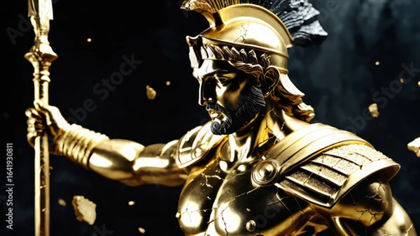 Fototapeta Epic Black and Gold Armored Greek God Warrior Statue with Ornate Helmet and Decorative Battle Armor for Luxury Art Displays, Mythological Branding, and High-End Fantasy Collectibles, Stoic