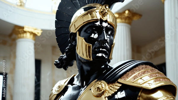 Fototapeta Epic Black and Gold Armored Greek God Warrior Statue with Ornate Helmet and Decorative Battle Armor for Luxury Art Displays, Mythological Branding, and High-End Fantasy Collectibles, Stoic