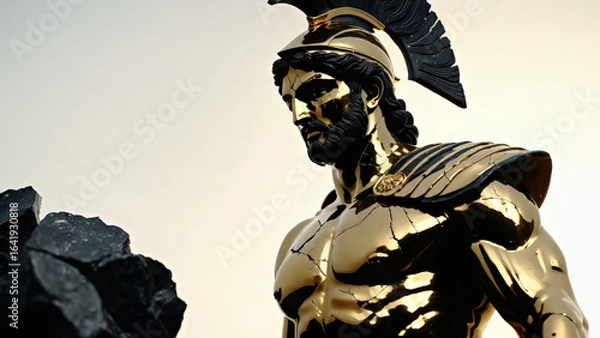 Fototapeta Epic Black and Gold Armored Greek God Warrior Statue with Ornate Helmet and Decorative Battle Armor for Luxury Art Displays, Mythological Branding, and High-End Fantasy Collectibles, Stoic