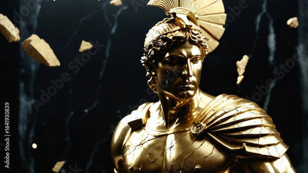 Fototapeta Epic Black and Gold Armored Greek God Warrior Statue with Ornate Helmet and Decorative Battle Armor for Luxury Art Displays, Mythological Branding, and High-End Fantasy Collectibles, Stoic